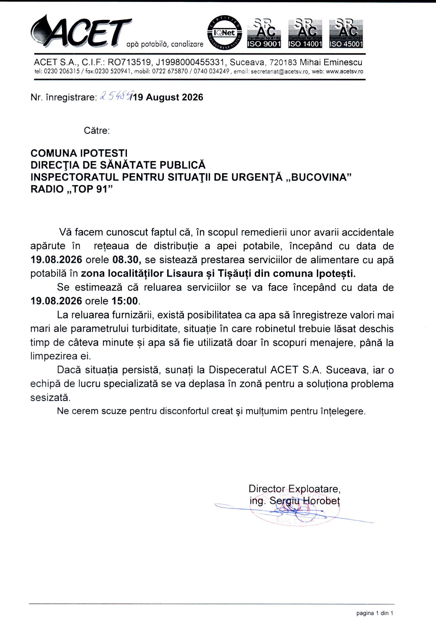 anunt oprire apa